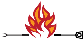 Stylized red and orange flame with a grilling fork on the left 
                and a spatula on the right, both in black, against a white background.
