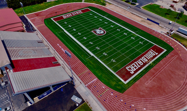 Aerial view of a football field labeled 