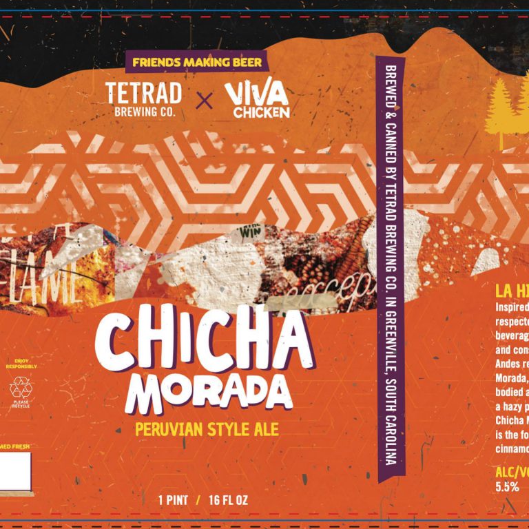 Beer can label for “Chicha Morada Peruvian Style Ale” by Tetrad Brewing Co. and Viva Chicken. The design features geometric patterns, purple and orange hues, and text about the ale’s origins and details.
