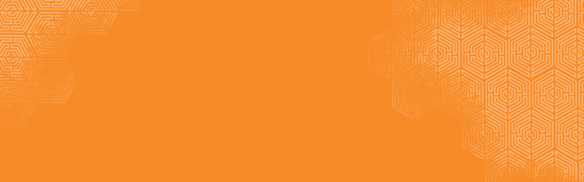 Orange background with subtle, geometric hexagonal patterns featuring maze-like lines in the top left and right sections, creating a decorative border effect. The central area is plain orange.